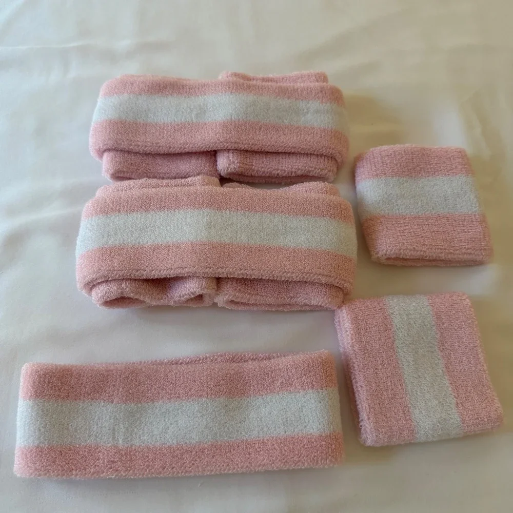 Pink White Striped Terry Cloth Sweatband 3 sets Headbands Wristbands Athletic